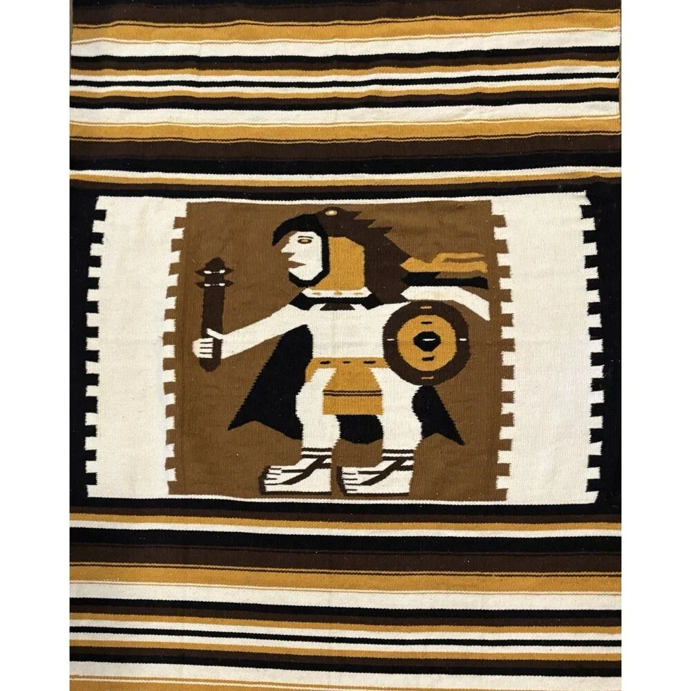 VTG 70s Handwoven Zapotec Oaxaca Eagle Warrior Rug Wool Cotton